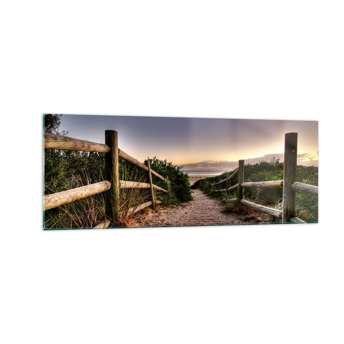 Obraz na szkle - Drewniana ścieżka na wydmach prowadząca na plażę o zachodzie słońca - 140x50cm - Już widać cel - Nowoczesna dekoracja ścienna do salonu i sypialni ARTTOR