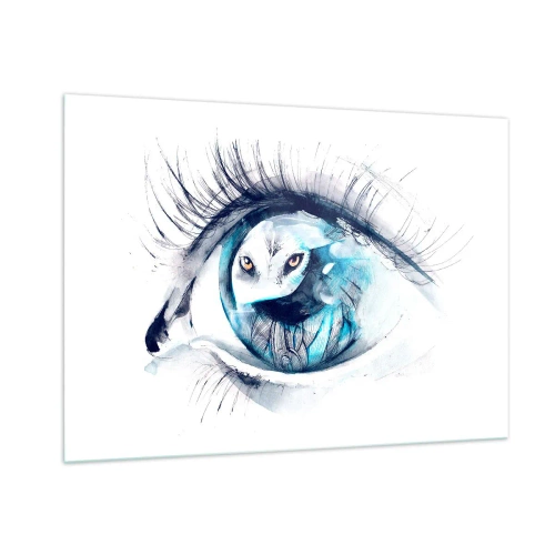 Obraz na szkle - Kobiece oko z motywem sowy w stylu akwareli - 100x70cm - Oko w oko z dzikością - Nowoczesna dekoracja ścienna do salonu, kuchni i sypialni ARTTOR