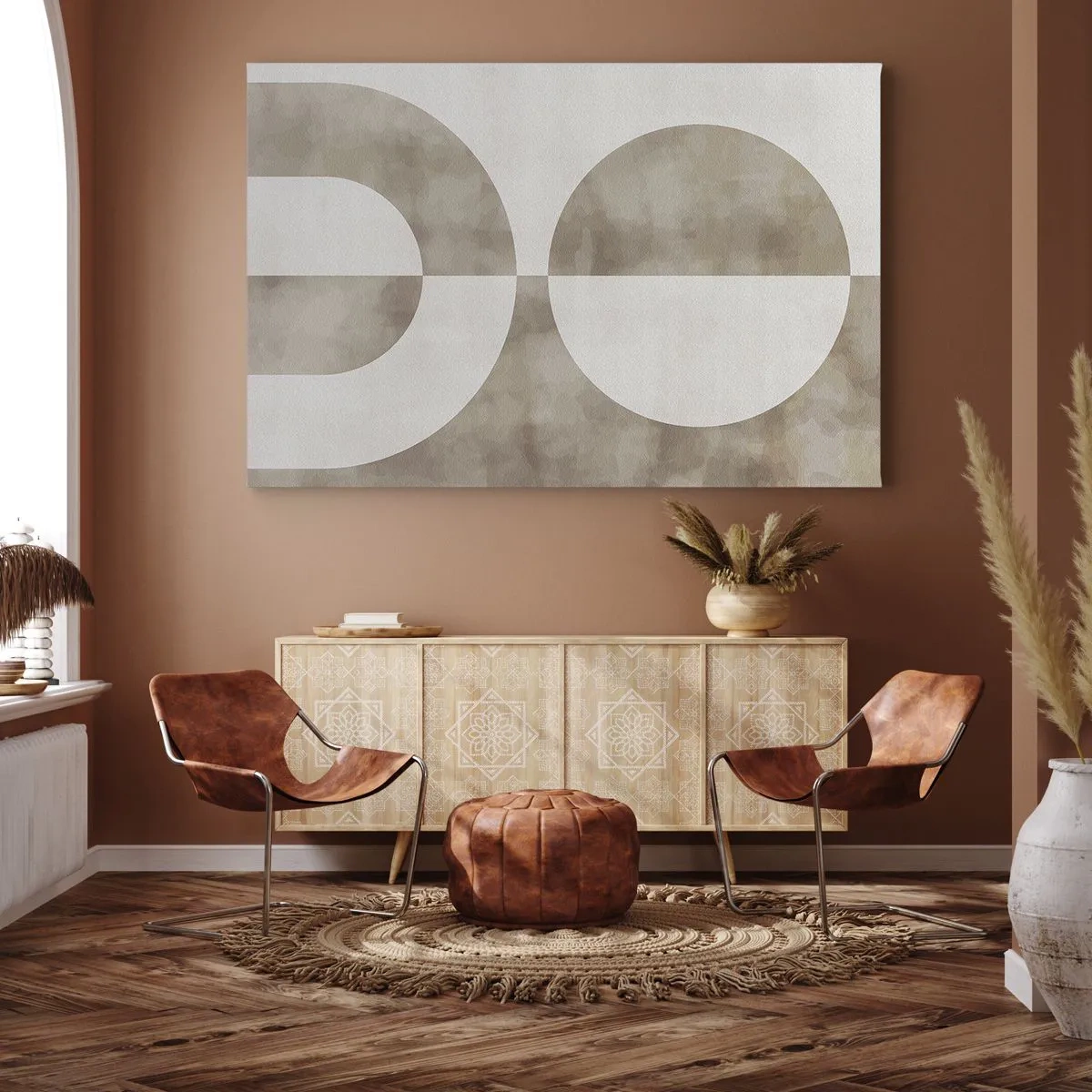 Obraz na płótnie - Abstrakcyjny obraz w odcieniach beżu z geometrycznymi kształtami i symetrią - 70x50cm - Podobieństwa i różnice - Nowoczesna dekoracja ścienna do salonu i sypialni ARTTOR