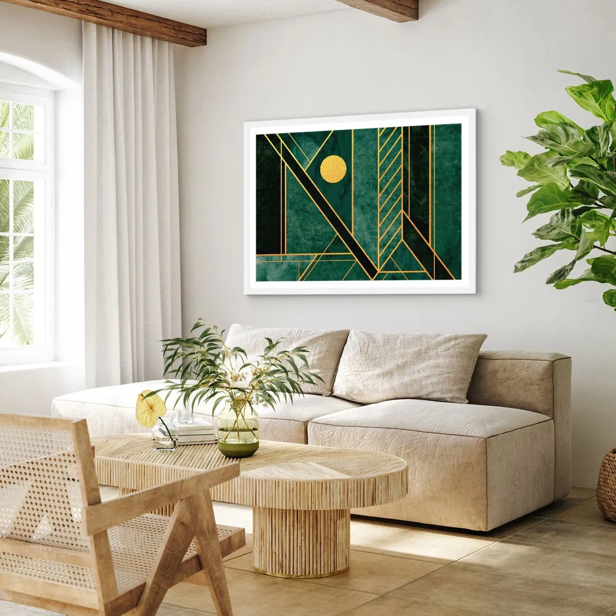 Plakat w białej ramie - Dynamika złota i lazuru - 40x30 cm