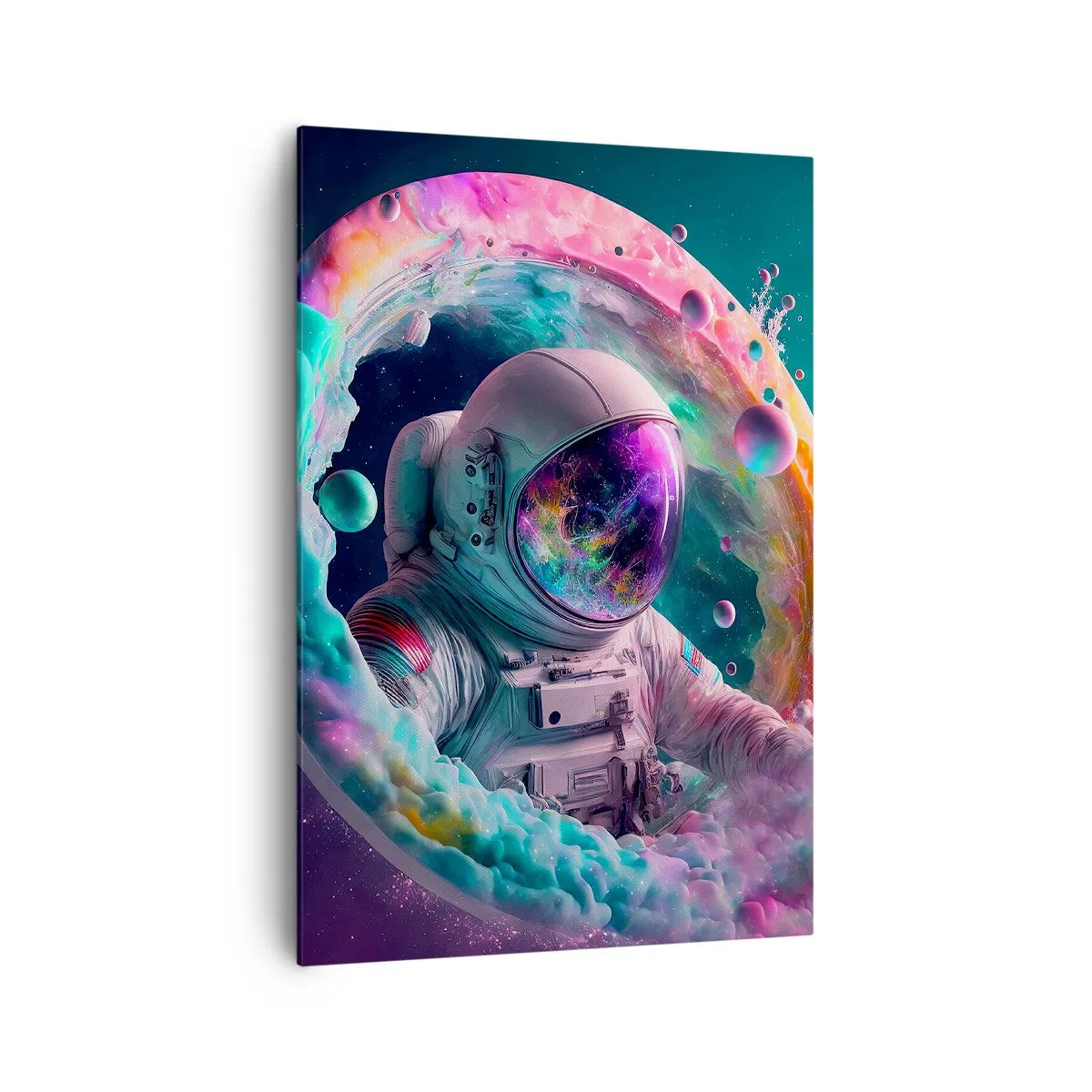 Obraz na płótnie - Astronauta w kolorowej kosmicznej aurze - 70x100cm - Gwiezdne wrota - Nowoczesna dekoracja ścienna do salonu i sypialni ARTTOR