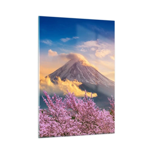 Obraz na szkle - Wulkan Fuji w tle z kwitnącymi drzewami sakury na pierwszym planie - 50x70cm - Japońska świętość - Nowoczesna dekoracja ścienna do salonu, kuchni i sypialni ARTTOR