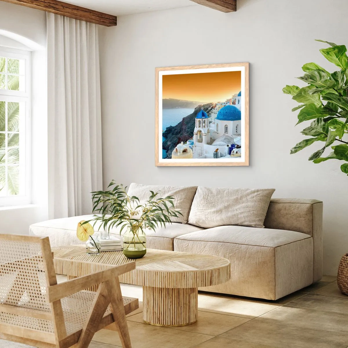 Plakat w ramie jasny dąb - Santorini - przytulone do skał - 40x40 cm