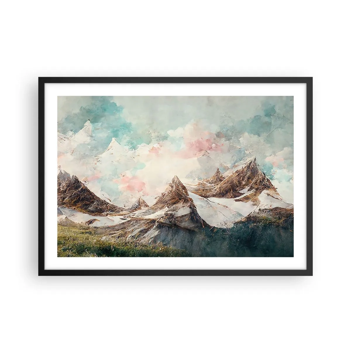 Plakat w czarnej ramie - Malownicze góry z pastelowym niebem - 70x50cm - Skalne ostrza - Nowoczesna dekoracja ścienna do salonu i sypialni ARTTOR