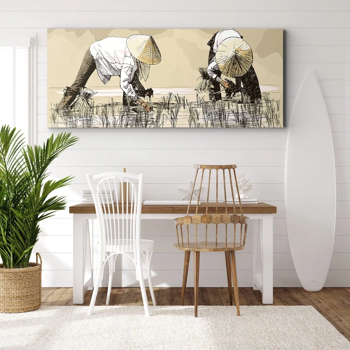 Obraz na płótnie - Pracujący rolnicy w polu ryżowym z tradycyjnymi nakryciami głowy - 140x50cm - Udanych zbiorów - Nowoczesna dekoracja ścienna do salonu i sypialni ARTTOR