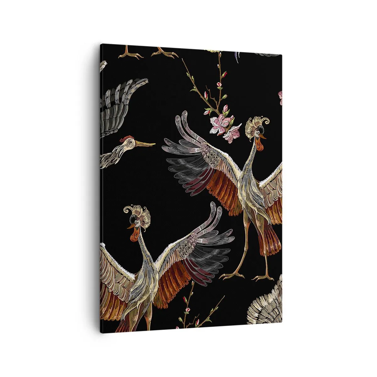 Obraz na płótnie - Dekoracyjny wzór ptaków na czarnym tle - 50x70cm - Baśniowy ptak - Nowoczesna dekoracja ścienna do salonu, kuchni i sypialni ARTTOR