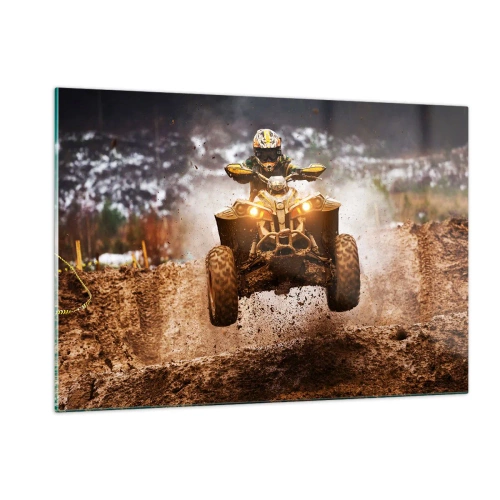 Obraz na szkle - Quad w akcji na błotnistym terenie w dynamicznej scenerii - 120x80cm - No risk no fun - Nowoczesna dekoracja ścienna do salonu, kuchni i sypialni ARTTOR