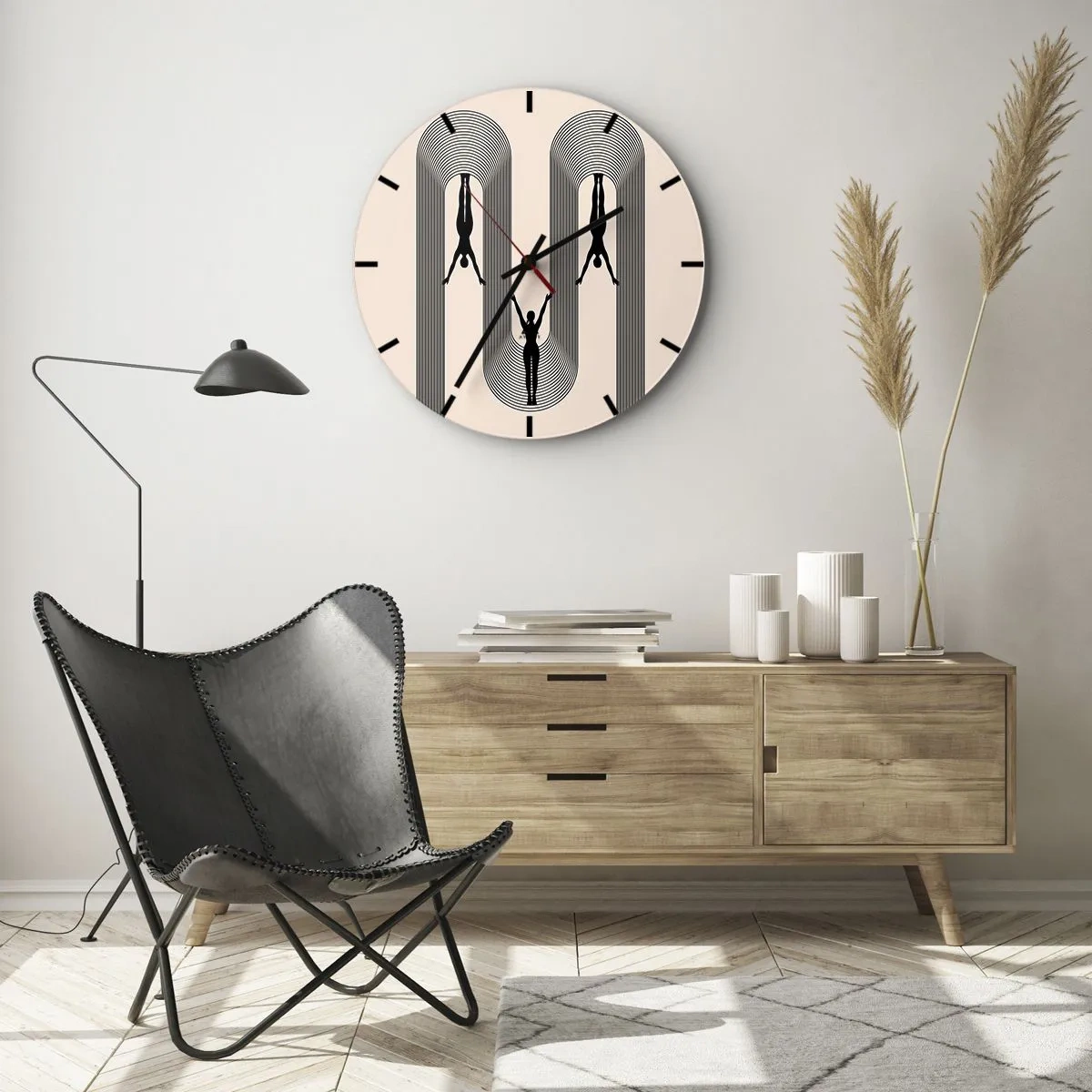 Zegar ścienny - Czarne sylwetki postaci w ruchu wśród geometrycznych łuków - 30x30cm - Do góry nogami - Nowoczesna dekoracja ścienna do salonu, kuchni i sypialni ARTTOR
