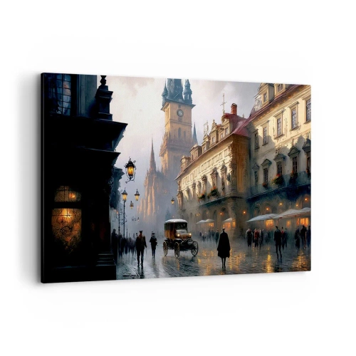 Obraz na płótnie - Wieczorna scena uliczna z zabytkową architekturą - 100x70cm - Czar praskiego wieczoru - Nowoczesna dekoracja ścienna do salonu, kuchni i sypialni ARTTOR