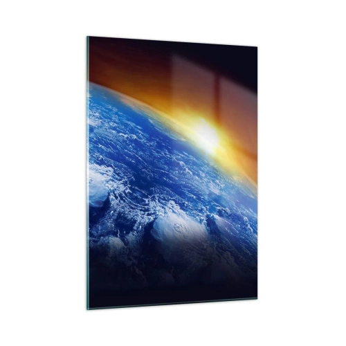 Obraz na szkle - Ziemia w kosmosie oświetlona promieniami słońca - 50x70cm - Wschód słońca nad błękitną planetą - Nowoczesna dekoracja ścienna do salonu, kuchni i sypialni ARTTOR