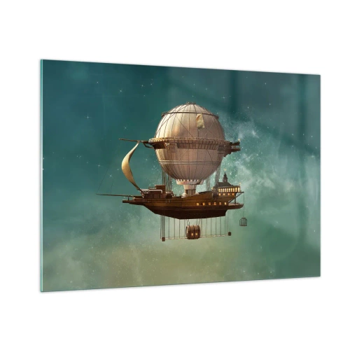 Obraz na szkle - Latający sterowiec z domem w stylu retro na tle nieba - 100x70cm - Juliusz Verne pozdrawia - Nowoczesna dekoracja ścienna do salonu, kuchni i sypialni ARTTOR