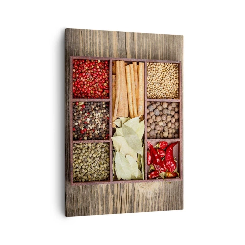 Obraz na płótnie - Pudełko z różnymi przyprawami w oddzielnych przegrodkach - 50x70cm - Porządek kształtów, bukiet aromatów - Nowoczesna dekoracja ścienna do salonu, kuchni i sypialni ARTTOR