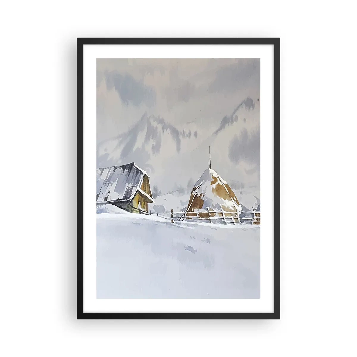 Plakat w czarnej ramie - Zimowy pejzaż z chatą i stogiem siana w górach - 50x70cm - W śnieżnej kotlinie - Nowoczesna dekoracja ścienna do salonu i sypialni ARTTOR
