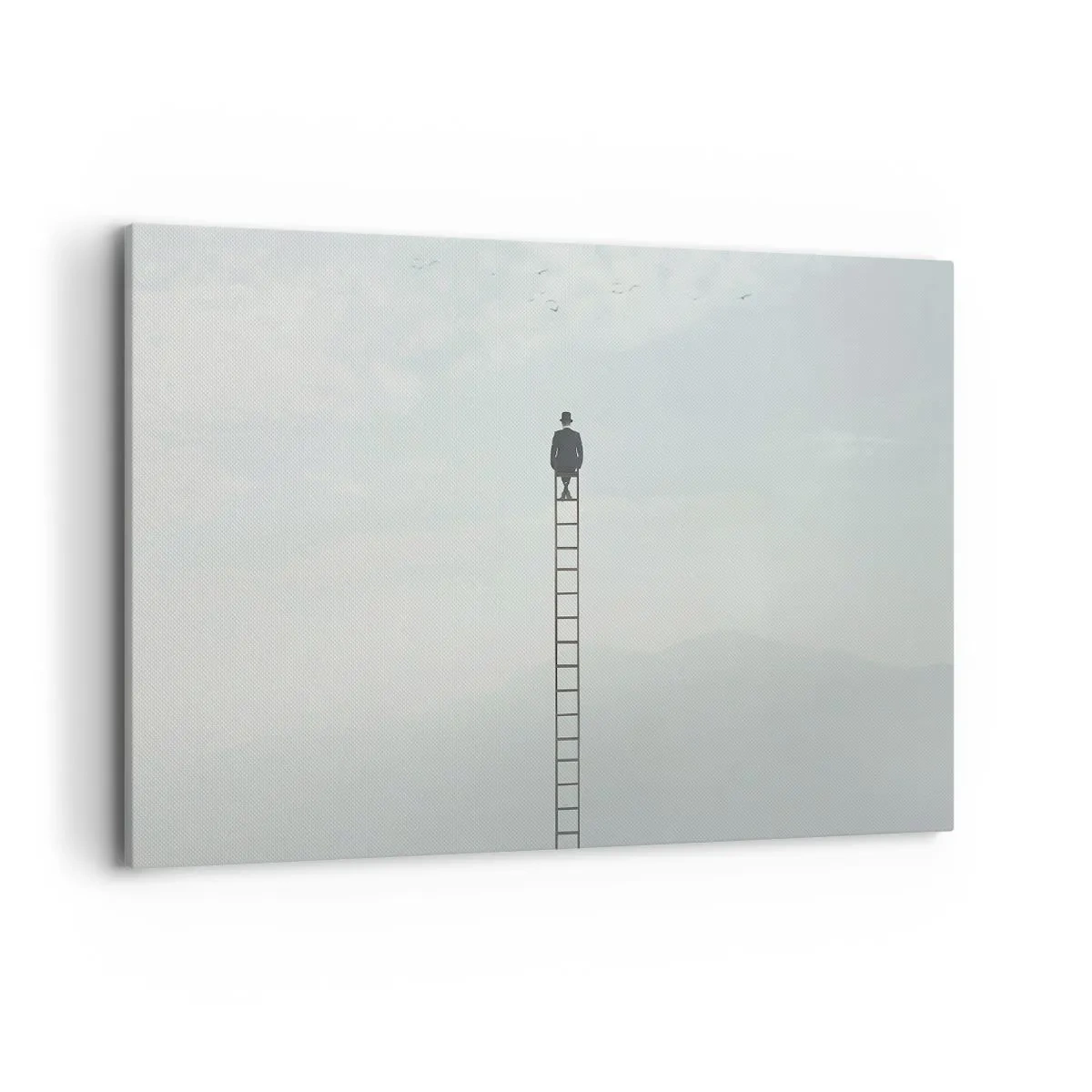 Obraz na płótnie - Mężczyzna na drabinie wznoszącej się w niebo - 100x70cm - Wznieś się ponadto - Nowoczesna dekoracja ścienna do salonu, kuchni i sypialni ARTTOR