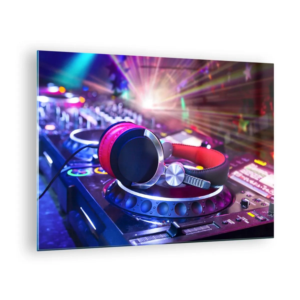 Obraz na szkle - Sprzęt DJ z kolorowymi światłami i słuchawkami - 70x50cm - Będzie, będzie się działo - Nowoczesna dekoracja ścienna do salonu i sypialni ARTTOR