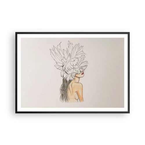 Plakat w czarnej ramie - Portret kobiety z ozdobą z piór w artystycznym stylu - 100x70cm - Piękność ukoronowana - Nowoczesna dekoracja ścienna do salonu i sypialni ARTTOR