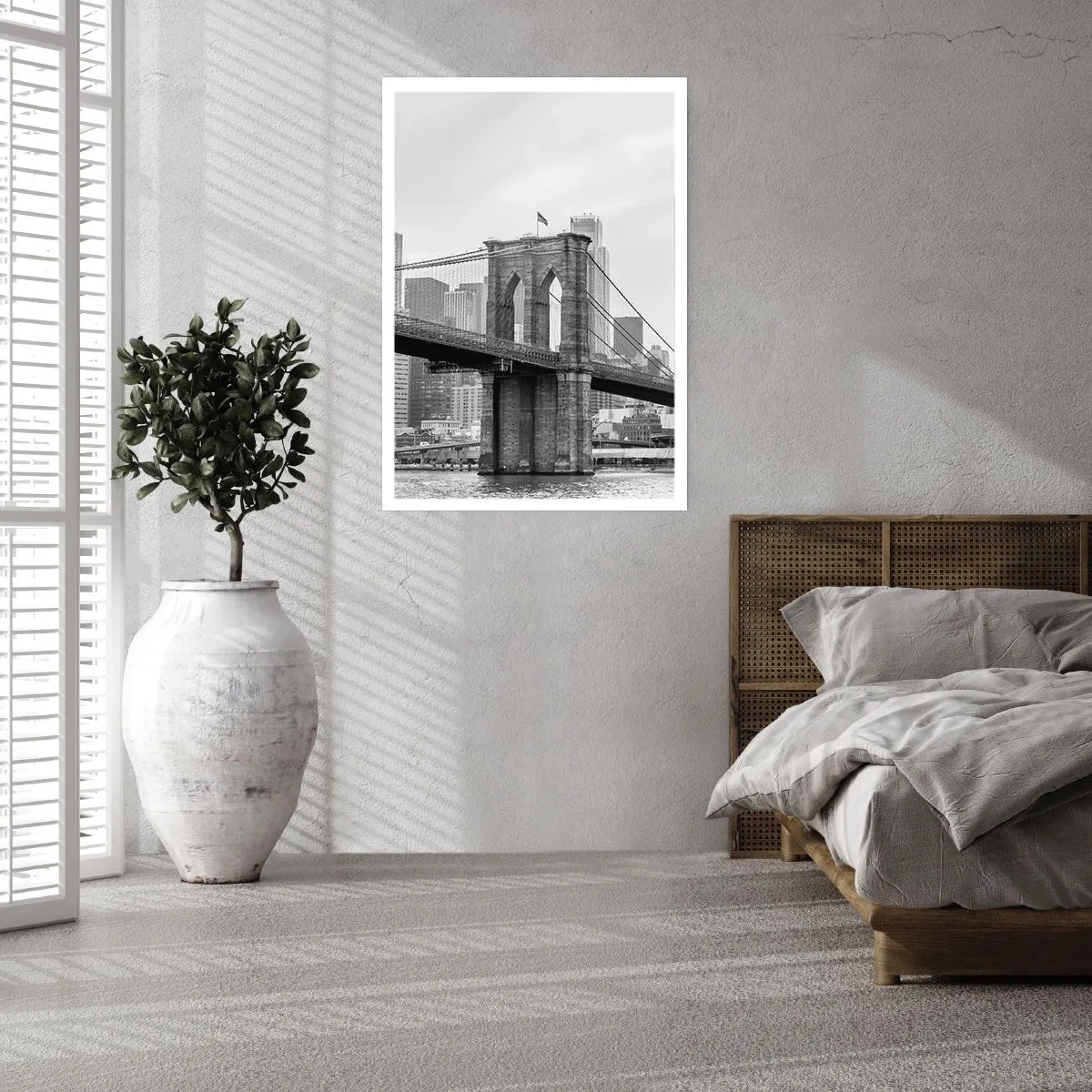Plakat - Brooklyn Bridge w monochromatycznym ujęciu - 50x70cm - Nowojorskie klimaty - Nowoczesna dekoracja ścienna do salonu, kuchni i sypialni ARTTOR