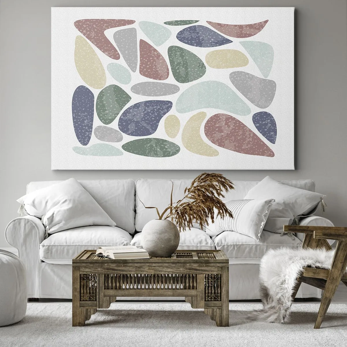 Obraz na płótnie - Kolorowe organiczne kształty na białym tle - 70x50cm - Mozaika pudrowanych barw - Nowoczesna dekoracja ścienna do salonu i sypialni ARTTOR