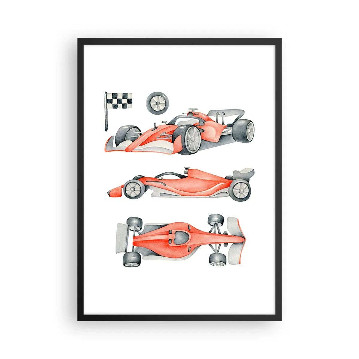 Plakat w czarnej ramie - Ilustracja bolidu wyścigowego w akwareli - 50x70cm - Doścignąć marzenie - Nowoczesna dekoracja ścienna do salonu i sypialni ARTTOR