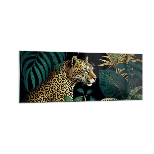 Obraz na szkle - Leopard w tropikalnych liściach na czarnym tle - 140x50cm - Gospodarz w dżungli - Nowoczesna dekoracja ścienna do salonu i sypialni ARTTOR