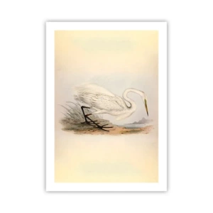 Plakat - Ilustracja czapli na tle pastelowego krajobrazu - 50x70cm - Pani na szuwarach - Nowoczesna dekoracja ścienna do salonu, kuchni i sypialni ARTTOR