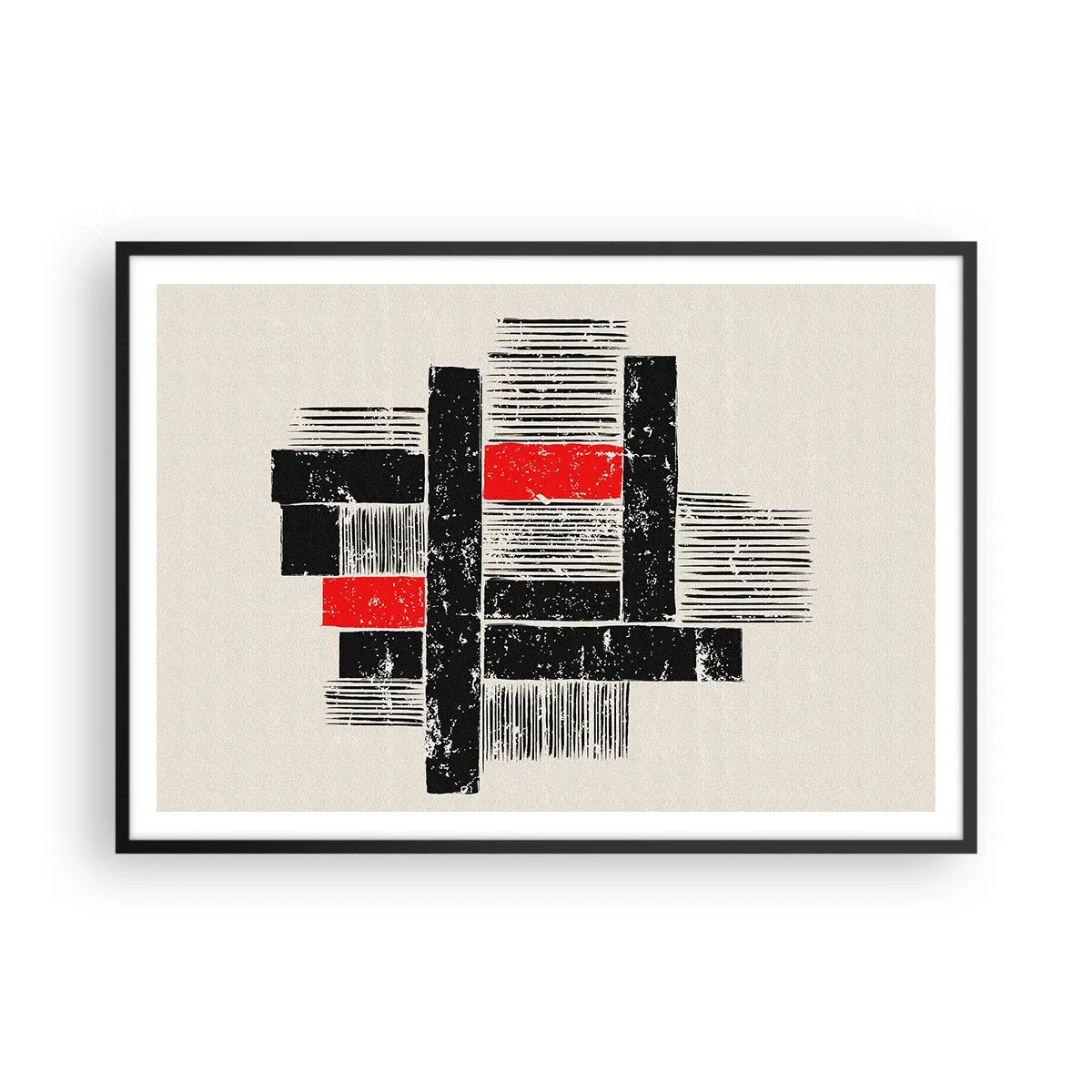 Plakat w czarnej ramie - Abstrakcyjna kompozycja geometryczna w czerni i czerwieni - 100x70cm - Czerwone i czarne - Nowoczesna dekoracja ścienna do salonu i sypialni ARTTOR