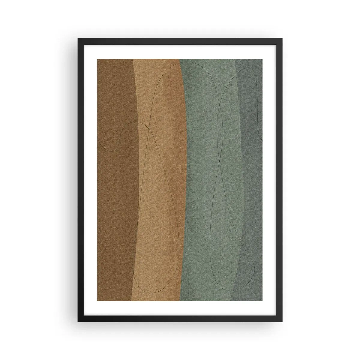 Plakat w czarnej ramie - Kompozycja horyzontalna - Organiczne linie na ziemistych i zielonych tłach - 50x70cm