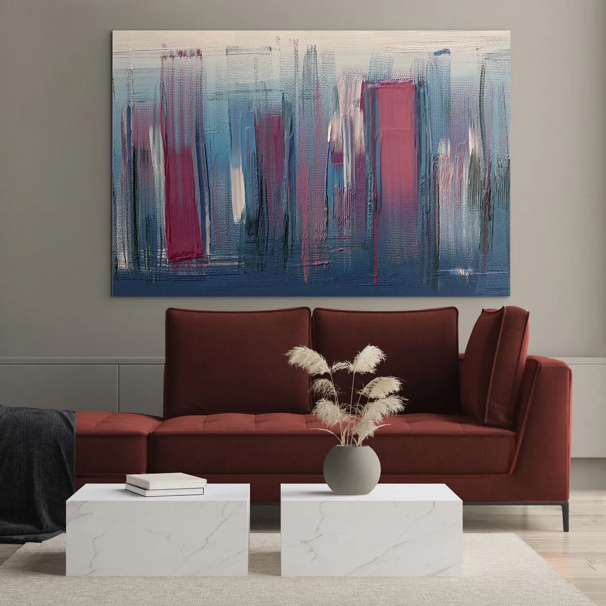 Obraz na szkle - Wertykalne pociągnięcia pędzla w czerwieni i błękicie na tle beżu - 120x80cm - Kompozycja wertykalna w błękicie i czerwieni - Nowoczesna dekoracja ścienna do salonu, kuchni i sypialni ARTTOR