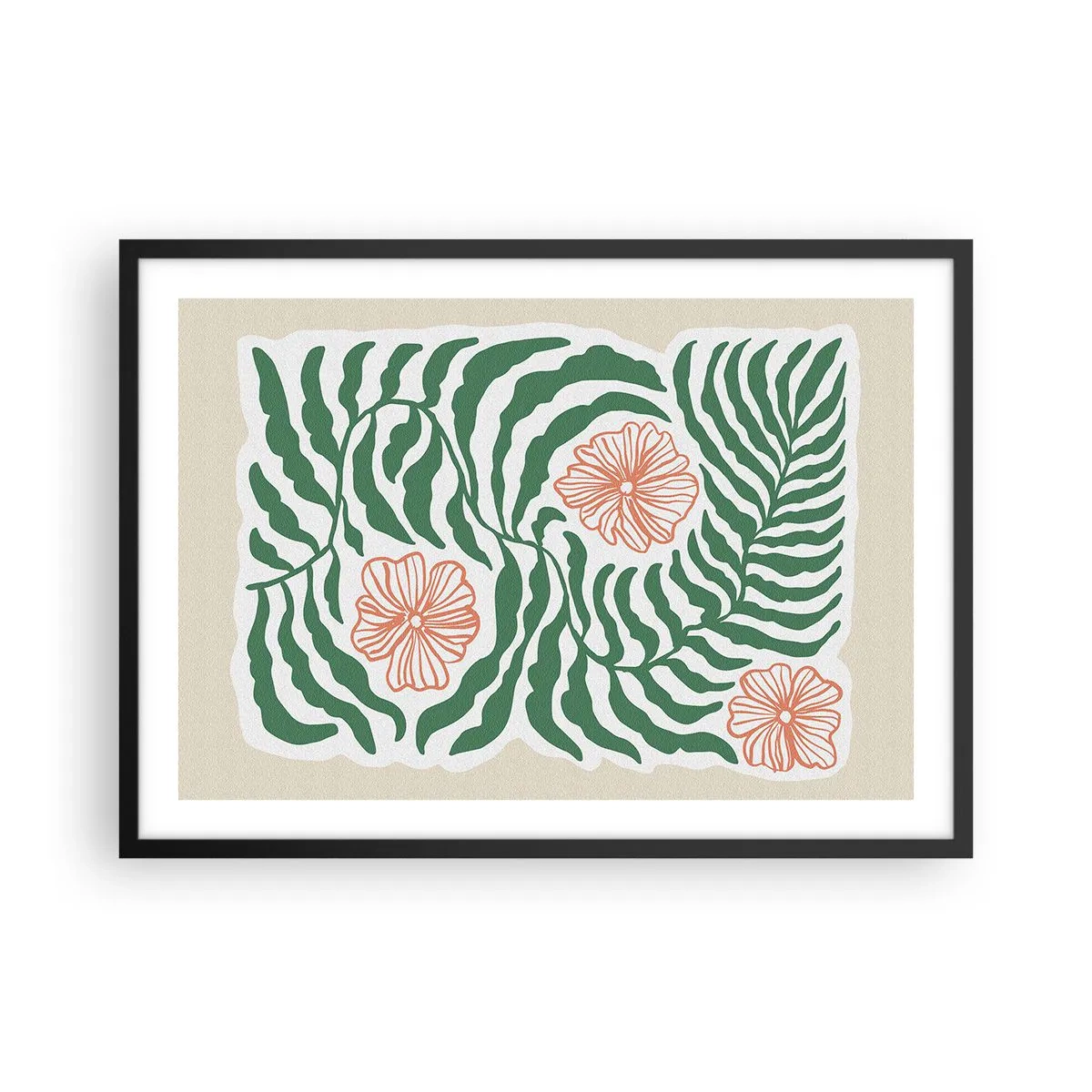 Plakat w czarnej ramie - Minimalistyczny motyw zielonych liści z kwiatami w odcieniach pomarańczowego - 70x50cm - Rozkwitłe w zieleni - Nowoczesna dekoracja ścienna do salonu i sypialni ARTTOR