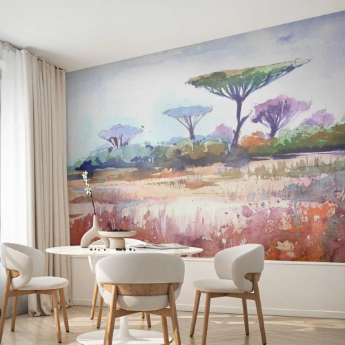 Fototapeta Premium Sand - Akwarelowy pejzaż sawanny z charakterystycznymi drzewami - 100x70cm - Kolory sawanny - Nowoczesna dekoracja ścienna do salonu, kuchni i sypialni ARTTOR