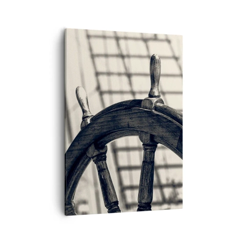 Obraz na płótnie - Czarno-białe ster statku na tle żagli - 50x70cm - Morskie opowieści - Nowoczesna dekoracja ścienna do salonu, kuchni i sypialni ARTTOR