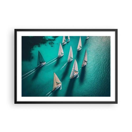 Plakat w czarnej ramie - Jachty na turkusowej wodzie w dynamicznym ruchu - 70x50cm - W zawody z wiatrem - Nowoczesna dekoracja ścienna do salonu i sypialni ARTTOR