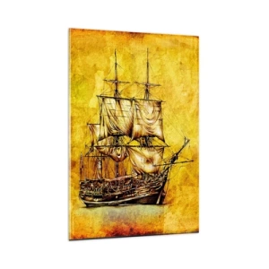 Obraz na szkle - Stylizowany rysunek żaglowca na złotym tle o vintage charakterze - 80x120cm - Kierunek Tortuga! - Nowoczesna dekoracja ścienna do salonu i sypialni ARTTOR
