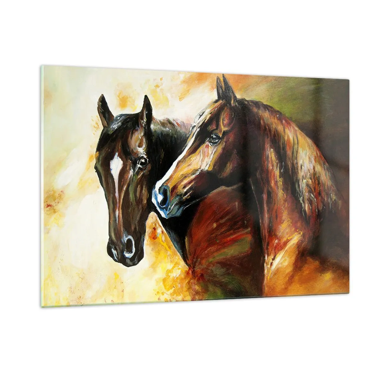 Obraz na szkle - Dwa konie w artystycznej, dynamicznej kompozycji - 120x80cm - Dwa razy więcej wdzięku - Nowoczesna dekoracja ścienna do salonu, kuchni i sypialni ARTTOR