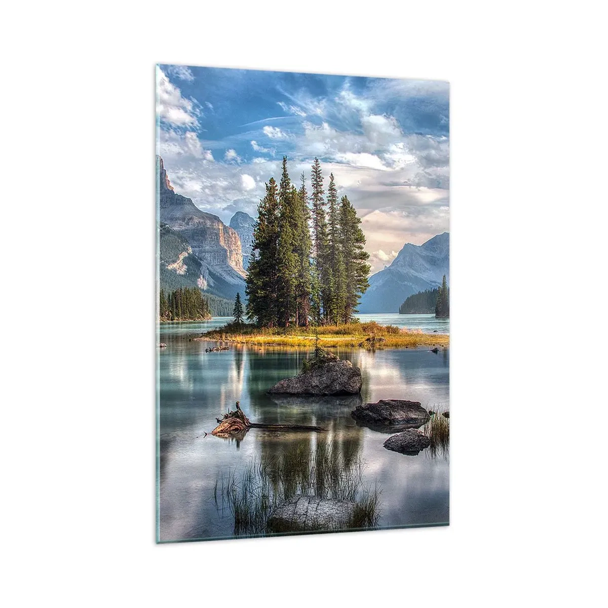 Obraz na szkle - Krajobraz górski z wyspą otoczoną spokojnym jeziorem - 80x120cm - Nad wodą wielką i czystą… - Nowoczesna dekoracja ścienna do salonu i sypialni ARTTOR