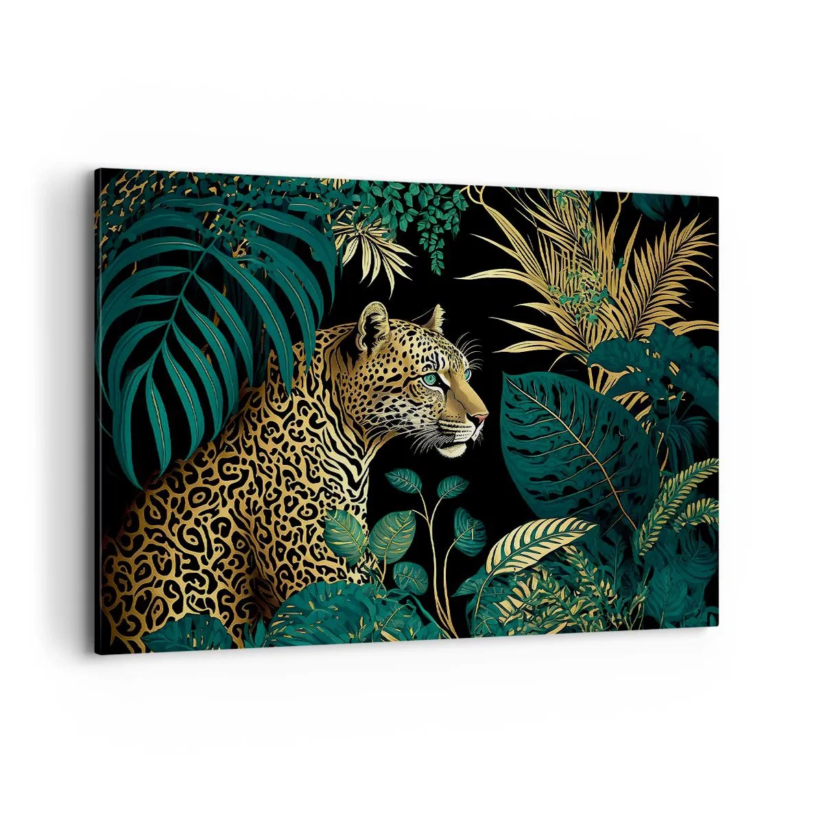 Obraz na płótnie - Leopard w tropikalnych liściach na czarnym tle - 120x80cm - Gospodarz w dżungli - Nowoczesna dekoracja ścienna do salonu, kuchni i sypialni ARTTOR