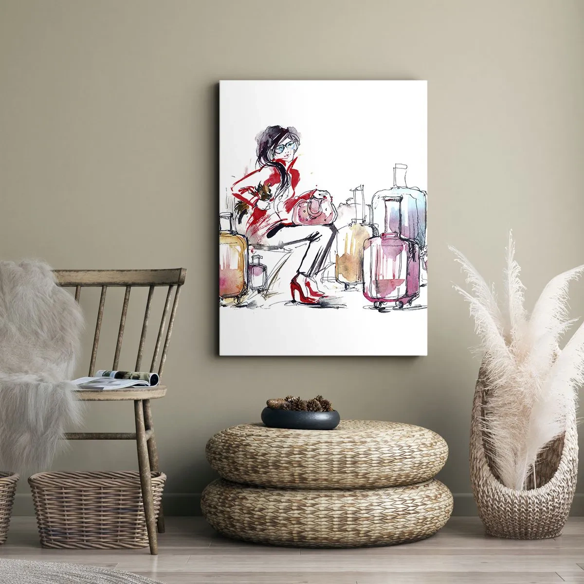 Obraz na płótnie - Kobieta z walizkami w dynamicznej, artystycznej scenerii - 50x70cm - Siądźmy przed podróżą - Nowoczesna dekoracja ścienna do salonu, kuchni i sypialni ARTTOR
