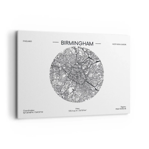 Obraz na płótnie - Minimalistyczna mapa Birmingham w czarno-białej kolorystyce z precyzyjnymi detalami - 100x70cm - Anatomia Birmingham - Nowoczesna dekoracja ścienna do salonu, kuchni i sypialni ARTTOR