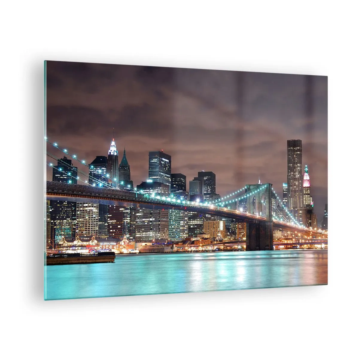 Obraz na szkle - Nocna panorama miasta z podświetlonym mostem - 70x50cm - Światła wielkiego miasta - Nowoczesna dekoracja ścienna do salonu i sypialni ARTTOR
