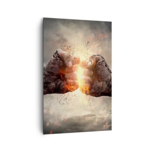 Obraz na płótnie - Zaciśnięte pięści w dynamicznej scenerii z ogniem - 80x120cm - Stań do walki - Nowoczesna dekoracja ścienna do salonu i sypialni ARTTOR