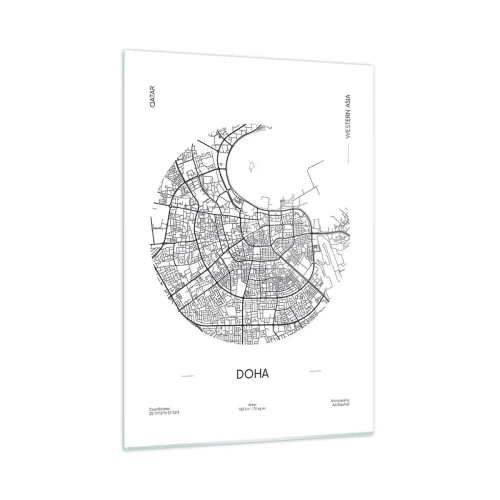 Obraz na szkle - Graficzna mapa Dohy w czarno-białym stylu minimalistycznym - 50x70cm - Anatomia Dohy - Nowoczesna dekoracja ścienna do salonu, kuchni i sypialni ARTTOR