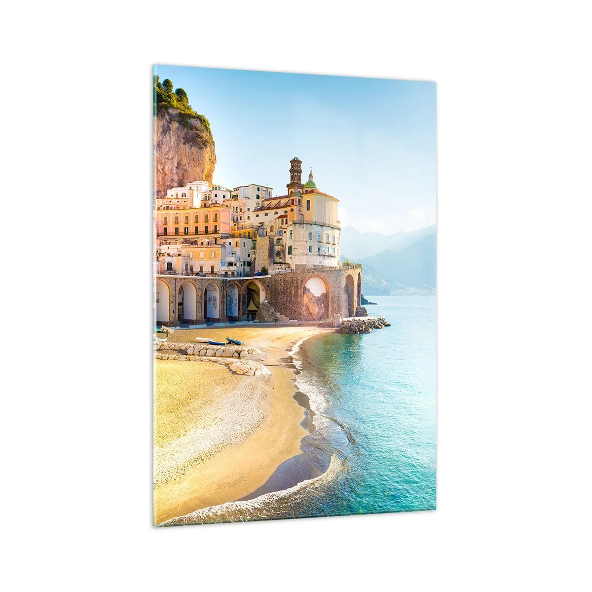 Obraz na szkle - Malownicze nadmorskie miasteczko z kolorowymi budynkami przy plaży - 70x100cm - Miasto niebywałe - Nowoczesna dekoracja ścienna do salonu i sypialni ARTTOR