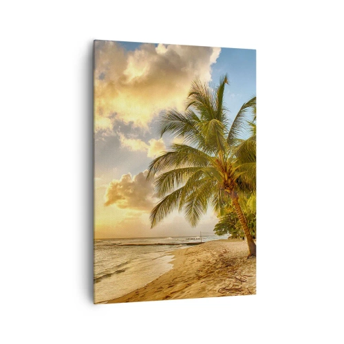 Obraz na płótnie - Plaża z palmami i zachodem słońca nad oceanem - 70x100cm - Wieczne lato, zawsze wakacje - Nowoczesna dekoracja ścienna do salonu i sypialni ARTTOR