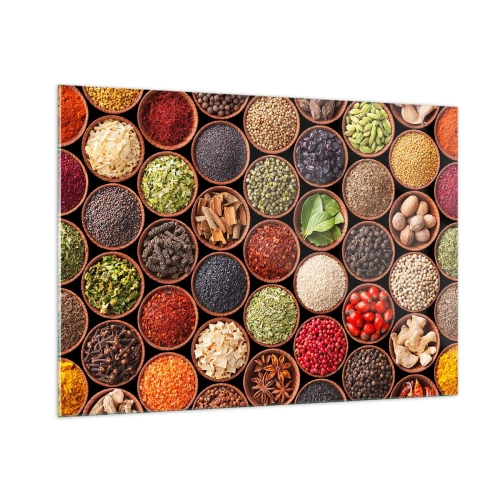 Obraz na szkle - Kompozycja różnorodnych przypraw w drewnianych miseczkach - 100x70cm - Wszystkie smaki świata - Nowoczesna dekoracja ścienna do salonu, kuchni i sypialni ARTTOR
