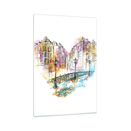 Obraz na szkle - Akwarela mostu i kamienic w sercowym kształcie - 70x100cm - Serce miasta - Nowoczesna dekoracja ścienna do salonu i sypialni ARTTOR