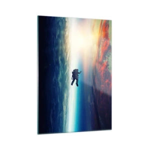 Obraz na szkle - Astronauta dryfujący w przestrzeni kosmicznej w stronę światła - 50x70cm - Mierzyć się ze wszechświatem - Nowoczesna dekoracja ścienna do salonu, kuchni i sypialni ARTTOR