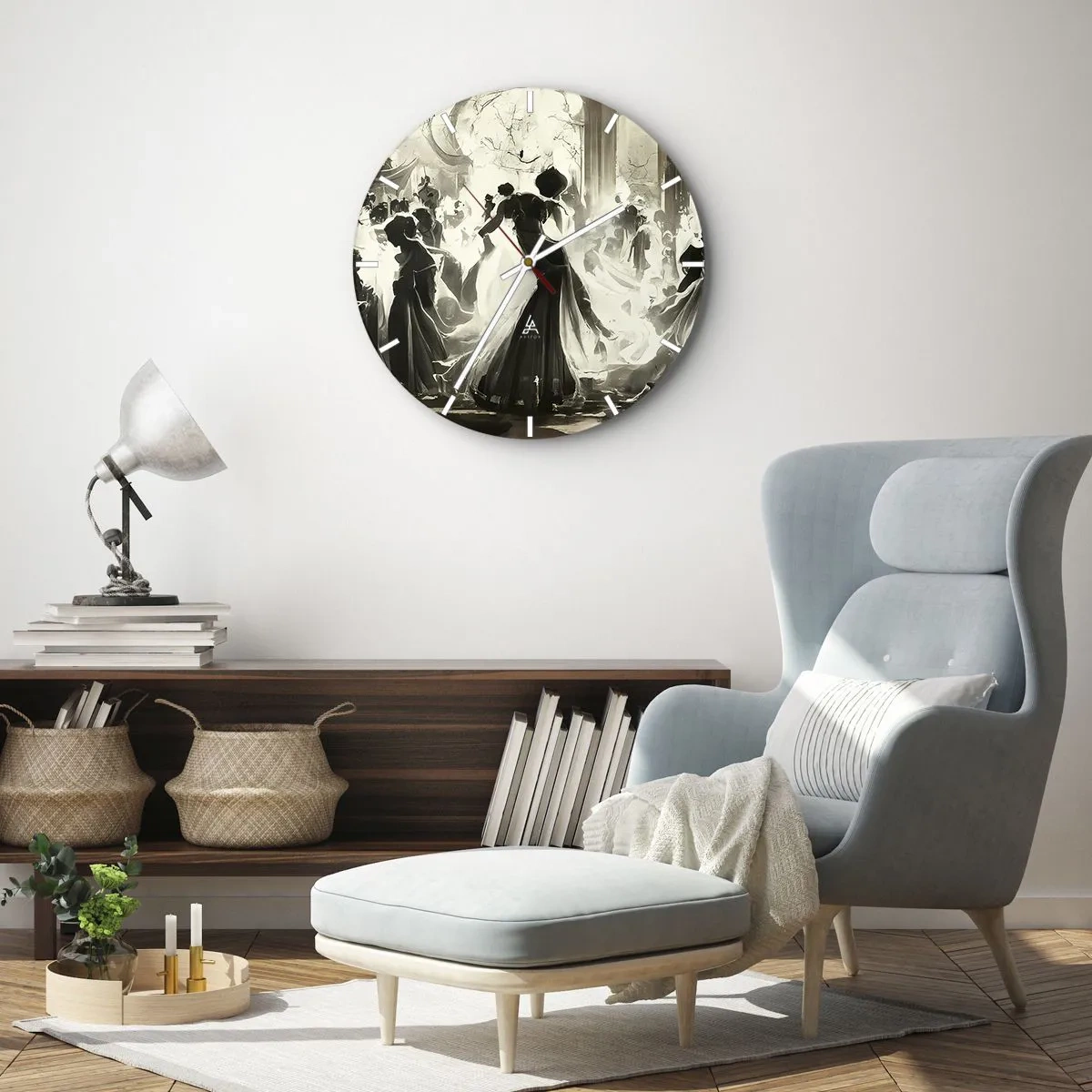 Zegar ścienny - Balowe postacie w maskach tańczące w eleganckim wnętrzu - 30x30cm - Wielka maskarada - Nowoczesna dekoracja ścienna do salonu, kuchni i sypialni ARTTOR