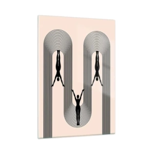 Obraz na szkle - Czarne sylwetki postaci zawieszone w rytmicznych łukach - 50x70cm - Do góry nogami - Nowoczesna dekoracja ścienna do salonu, kuchni i sypialni ARTTOR