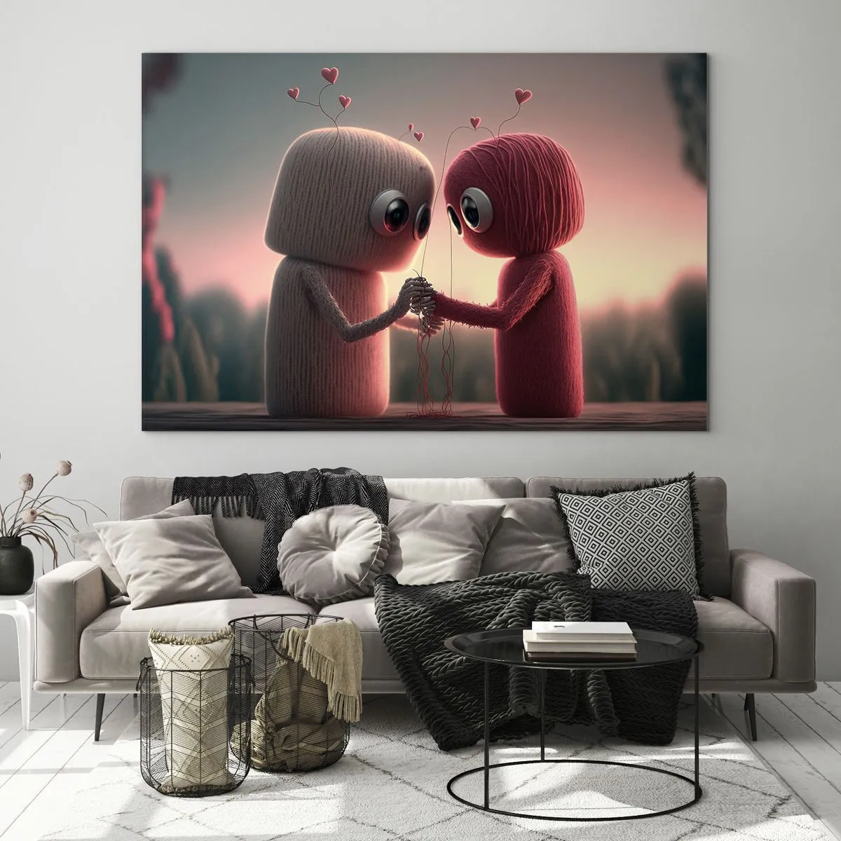 Obraz na szkle - Dwie postacie z włóczki trzymające się za ręce z serduszkami - 70x50cm - Każdemu wolno kochać - Nowoczesna dekoracja ścienna do salonu i sypialni ARTTOR