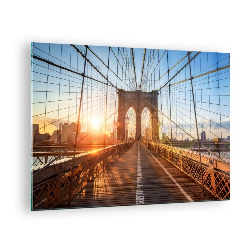 Obraz na szkle - Zachód słońca na moście Brooklyn w Nowym Jorku - 70x50cm - Na złotym moście - Nowoczesna dekoracja ścienna do salonu i sypialni ARTTOR